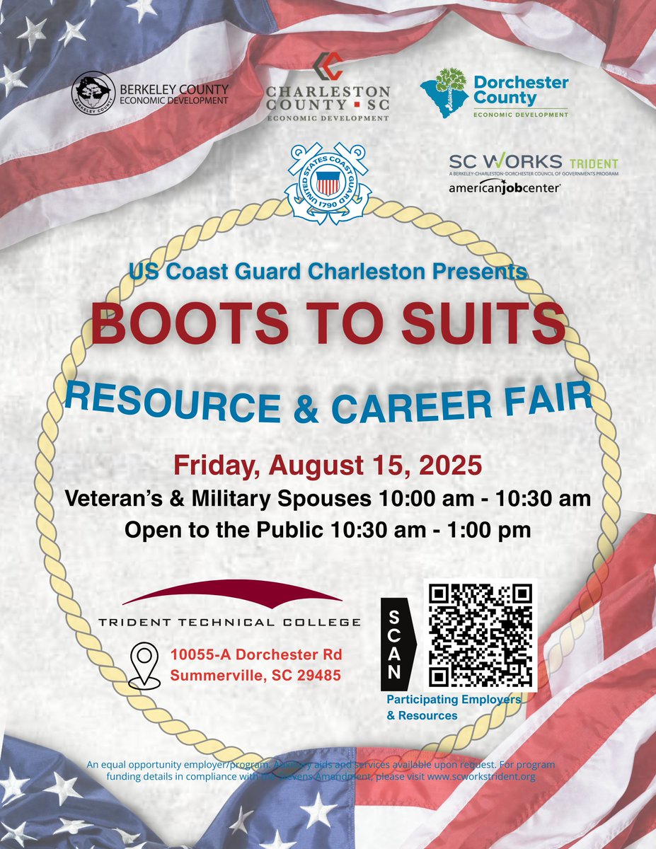 REMINDER- Happening tomorrow! Boots to Suits Career &amp; Resource Fair 
Friday, August 15 | 10:00 am – 1:00 pm | Trident Technical College Dorchester Campus
10055-A Dorchester Road, Summerville, SC 29485