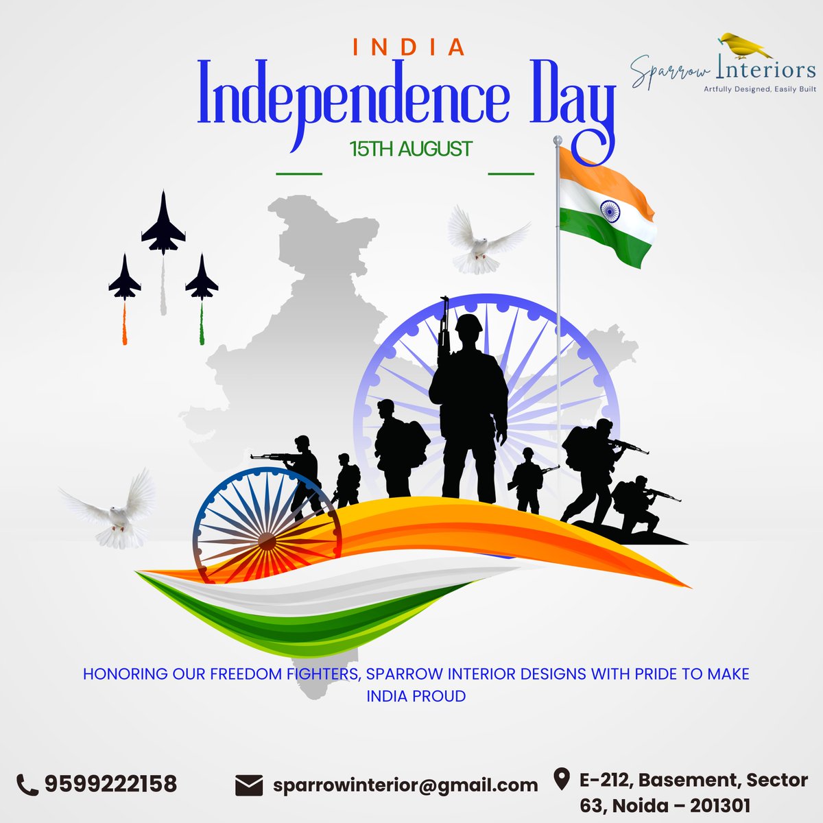 SparrowInter's tweet photo. 🇮🇳 This Independence Day, design with pride! 🏠✨
Sparrow Interior blends Indian tradition with modern elegance — creating spaces that inspire pride, comfort &amp; beauty.
📞 Call: 9599222158 |   https://t.co/HIq30dAFuh
#IndependenceDay #SparrowInterior #DesignWithPride #ProudIndian https://t.co/4UaYIqPRT6
