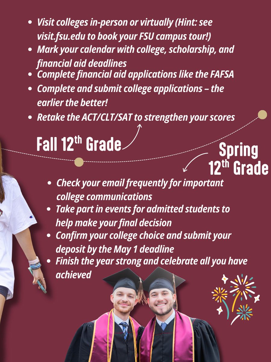FSUAdmissions's tweet photo. 🎯 Your future as a Seminole begins with the steps you take today.
Stay ahead with our 9th–12th Grade College Planning Timeline — tips for every year of high school, from freshman foundations to senior-year celebrations. 🏫🎓
#NowANole #FSU30 #NewNoles #FSUAdmissions https://t.co/dbX5wPq4wN