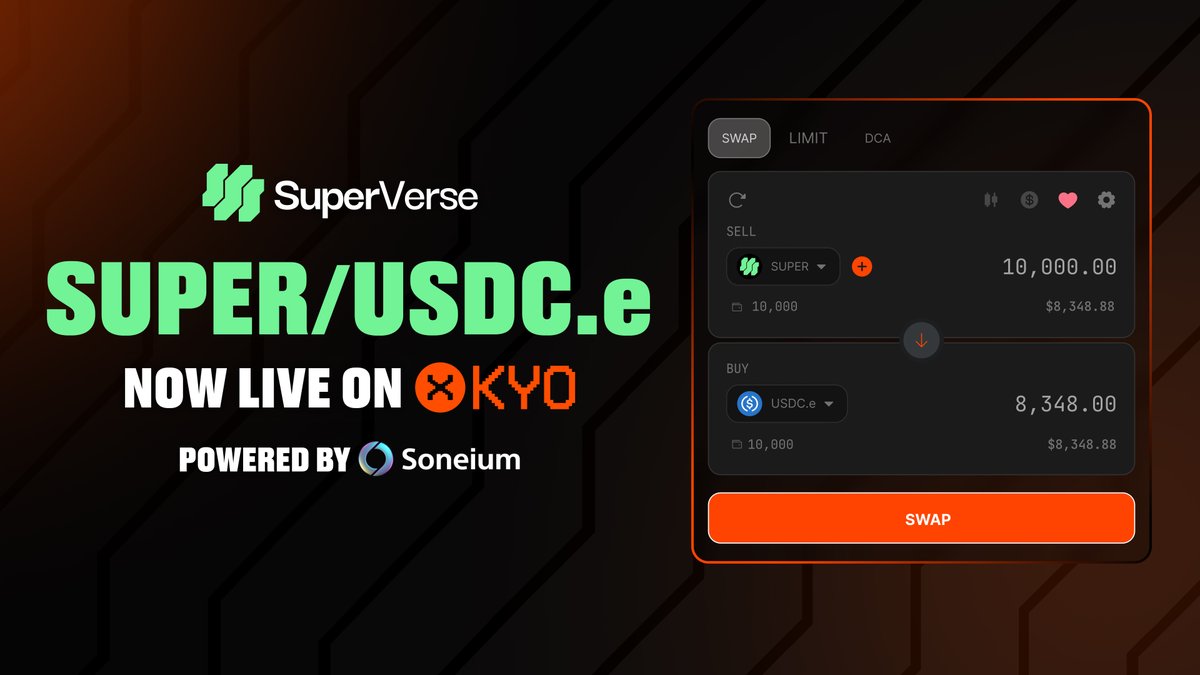 SuperVerse 🤝 <a href="/kyofinance/">Kyo Finance 💿</a> 

SUPER is now integrated with Kyo Finance, <a href="/soneium/">Soneium 💿</a>’s flagship DeFi protocol:

• $SUPER pools front &amp; center
• $500M vol, 23M+ swaps, 300k+ users
• One-click, real-time DeFi without the complexity