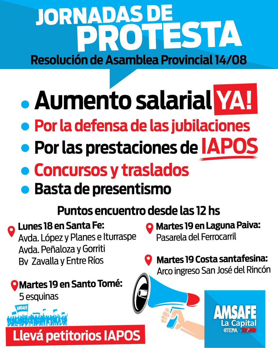 📣 RES. ASAMBLEA: JORNADAS DE PROTESTA DE AMSAFE LA CAPITAL

📌 PUNTOS DE ENCUENTRO 18 Y 19/8 EN EL DEPARTAMENTO 

💪 LAS Y LOS TRABAJADORES DE LA EDUCACIÓN DECIMOS BASTA DE AJUSTE AL GOBIERNO PROVINCIAL. 

#BastaDeAjuste #PlanDeLucha #AMSAFE #CTASantaFe