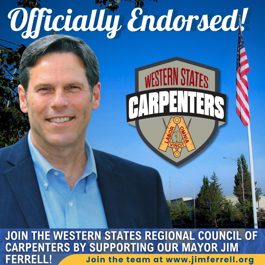 JimFerrellMayor's tweet photo. Coming out of our primary win, I’m proud to earn the support of the Western States Regional Council of Carpenters. Our coalition is growing, and we will keep Federal Way moving forward! https://t.co/Tz1ukJkFBs