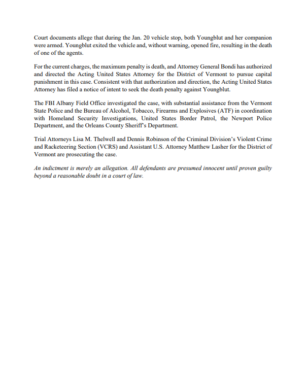 Matt Holderman (@mattholderman1) on Twitter photo BREAKING: Alleged Zizian cult member Teresa Youngblut is officially being charged with murder in the killing of USBP Agent David "Chris" Maland. <a href="/AGPamBondi/">Attorney General Pamela Bondi</a> has directed prosecutors to seek capital punishment, making the death penalty a possibility. #Vermont #borderpatrol #zizian BREAKING: Alleged Zizian cult member Teresa Youngblut is officially being charged with murder in the killing of USBP Agent David "Chris" Maland. <a href="/AGPamBondi/">Attorney General Pamela Bondi</a> has directed prosecutors to seek capital punishment, making the death penalty a possibility. #Vermont #borderpatrol #zizian