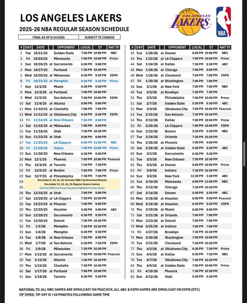este es el calendario de lakers