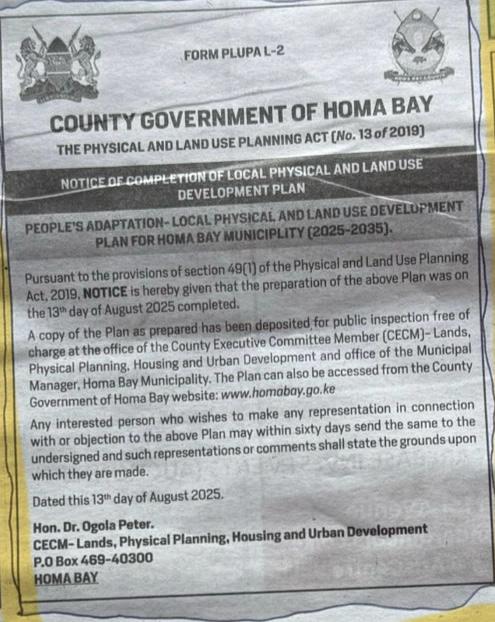 AkibaMTrust's tweet photo. We are excited to share that the Draft People’s Adaptation – Local Physical and Land Use Development Plan for Homa Bay Municipality (2025–2035) has officially been published for public notice.

📰 As of 13th August 2025, a notice of completion has been published in accordance with Section 49(1) of the Physical and Land Use Planning Act, 2019, marking the beginning of the statutory 60-day period for public representation and feedback.

📍Where to access the plan:
•The Office of the CECM – Lands, Physical Planning, Housing & Urban Development
•The Office of the Municipal Manager – Homa Bay Municipality
•The official Homa Bay County website: https://t.co/i4S5sBuhvi

This is a critical moment where residents, professionals, civil society, and all stakeholders are invited to review the draft and make representations, objections, or comments in writing within 60 days from the date of the notice.

🗣 Your voice matters. Help shape the final plan for a more inclusive, resilient, and sustainable Homa Bay Municipality.

#HomaBayPlan #PublicParticipation
#PeopleLedPlanning #PlanReviewProcess