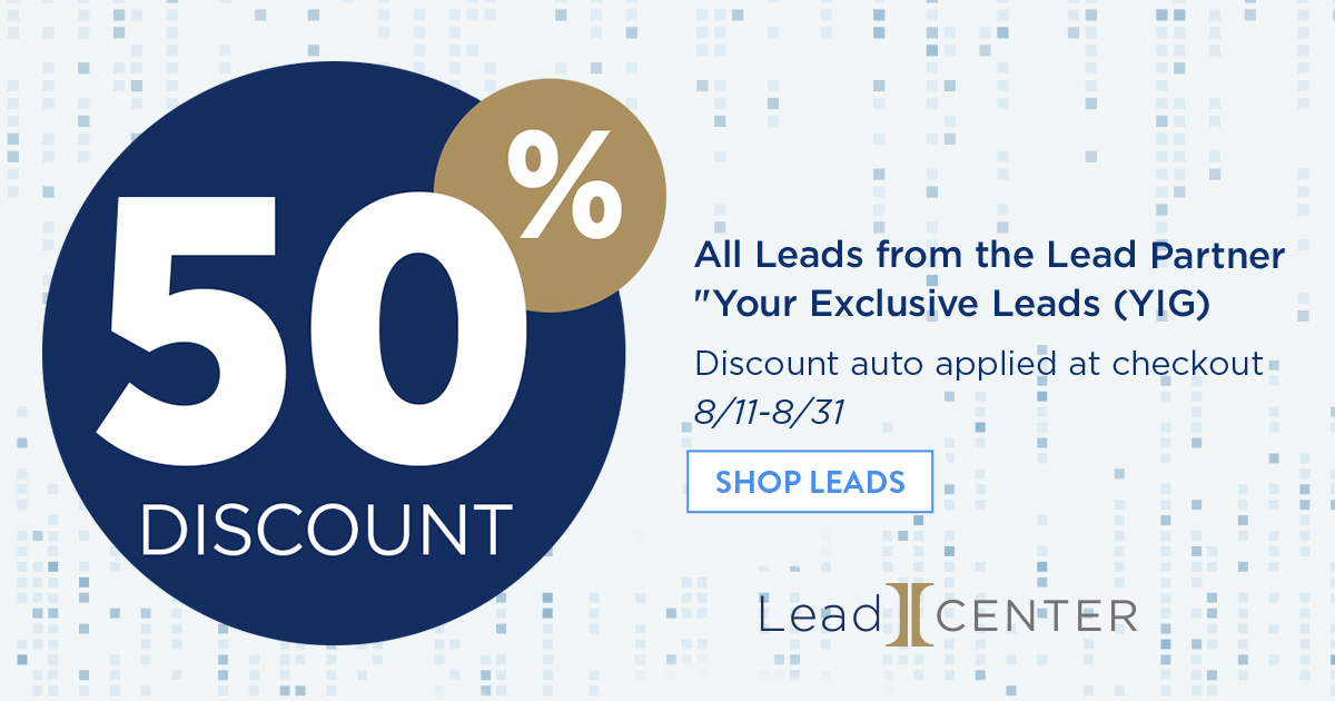 IMGLeadCENTER's tweet photo. 50% OFF all leads from Lead Partner “Your Exclusive Leads” (YIG) — only in LeadCENTER! Discount code automatically applied at checkout until 11 PM CT on August 31.

#LeadCENTER #IntegrityTechnology #Integrity #Leads https://t.co/JZZJe7eGP3