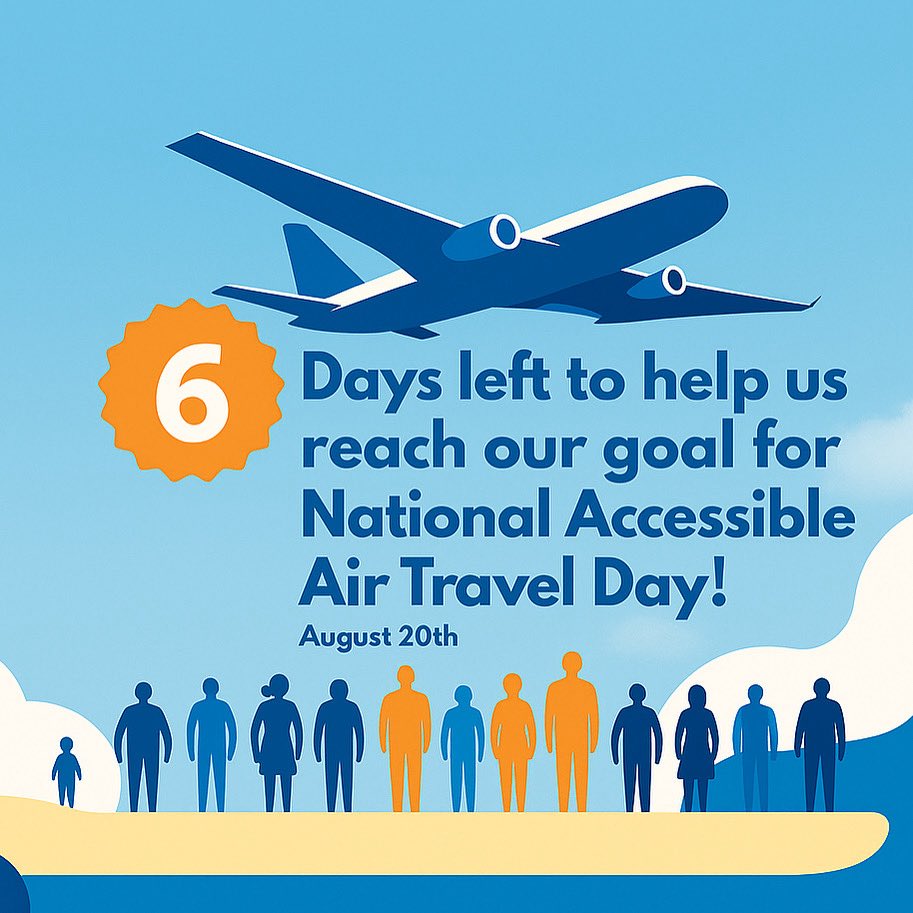 6 days left to help us open the skies! ✈
We’re aiming to raise $25K by Aug 20 for our 2026 projects to make air travel safe, dignified &amp; inclusive for all. Donate at allwheelsup.org &amp; join the movement.
#NationalAccessibleAirTravelDay #AllWheelsUp #TravelForAll