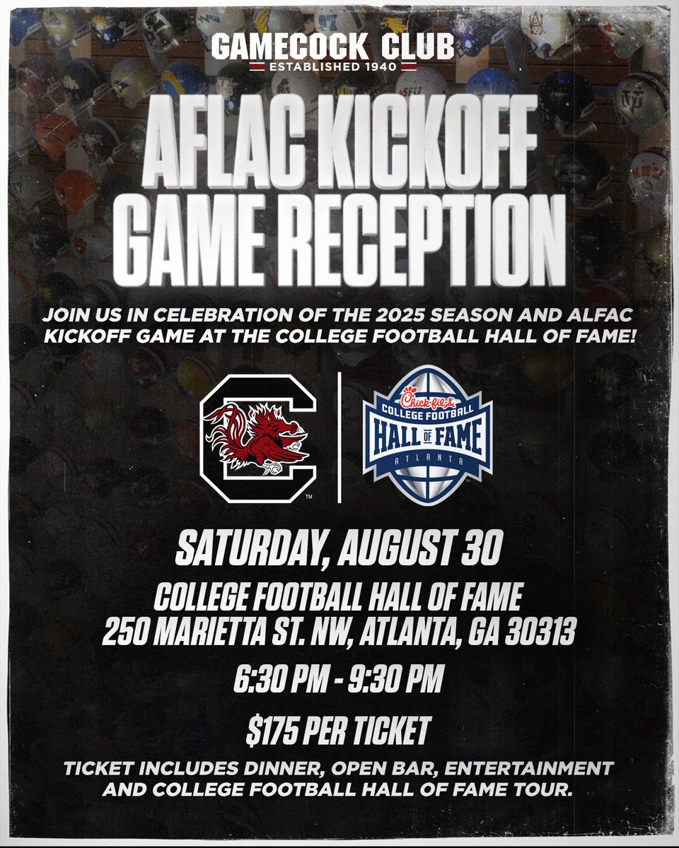 We’re taking over the College Football Hall of Fame for the Gamecock Reception! 

Tickets include all-inclusive dinner, open bar, live entertainment, access to the interactive skills area and a tour. Spots are limited so get your tickets today! 

🎟️   bit.ly/3JmEkNO