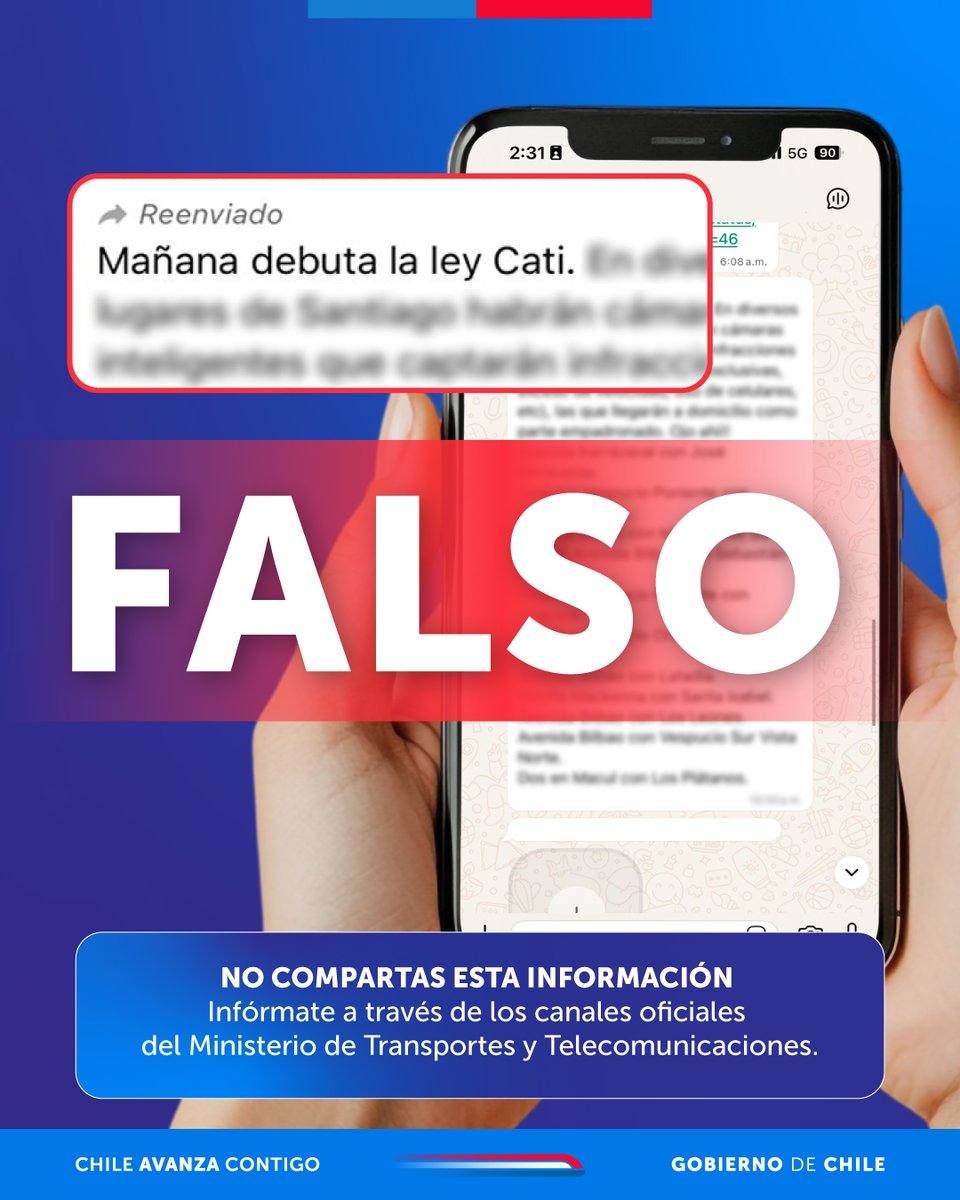 Si te llegó un mensaje donde se da cuenta del presunto inicio de fiscalizaciones por cámaras, asociadas al futuro Centro Automatizado de Tratamiento de Infracciones (CATI), no lo compartas. ES FALSO 🙅🏻‍♀️
Infórmate sólo a través de canales oficiales 🙋🏻‍♂️
#Tarapacá #Tamarugal #Iquique