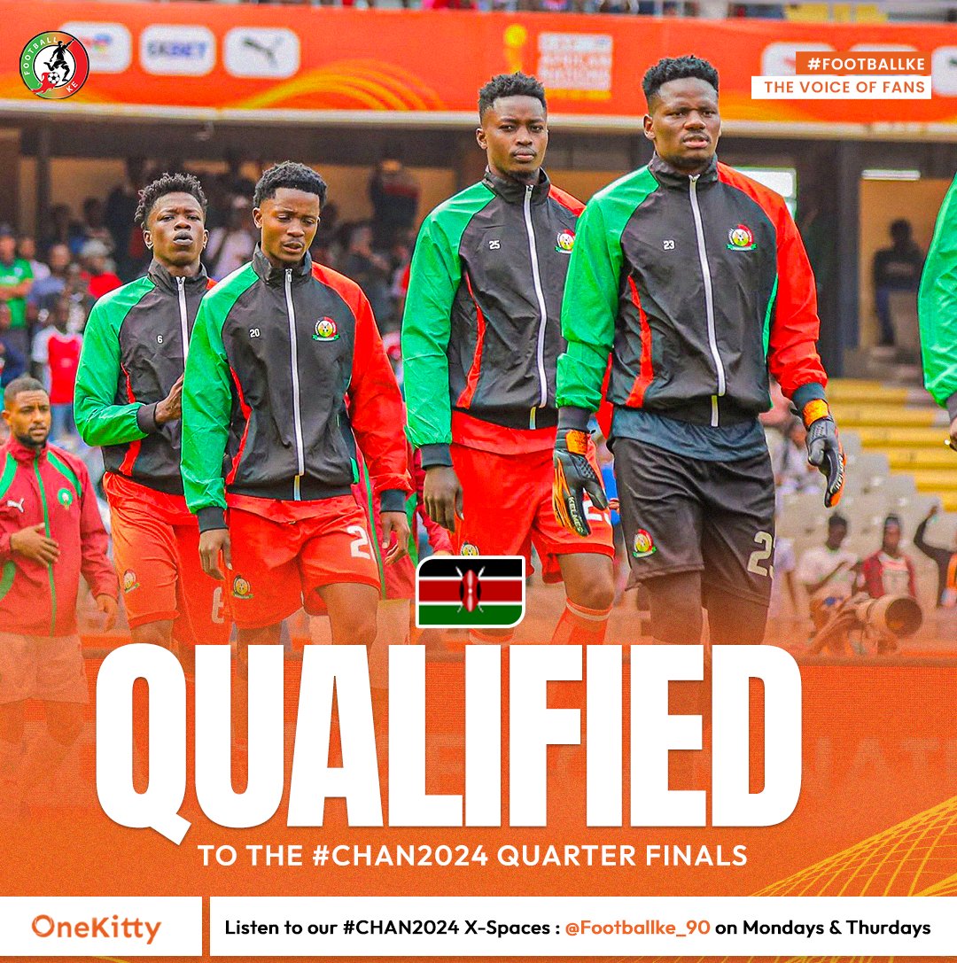 FootballKe_90's tweet photo. QUALIFIED! 🇰🇪

Harambee Stars has qualified for the #CHAN2024 Quarter finals.  With 7 points, the worst they can finish in the Group A is number 2!

A win against Zambia on Sunday will ensure they top Group A.

#FootballKE https://t.co/oXfsAYw8ua
