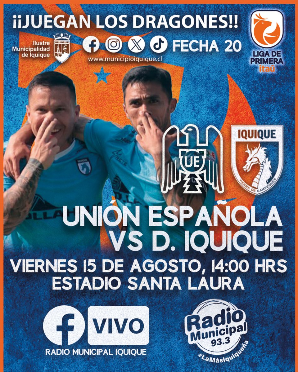 Municipalidad de Iquique (@iquiquedetodos) on Twitter photo ⚽️ <a href="/UEoficial/">Unión Española</a> 🇪🇸 Y <a href="/ClubDIquique/">Deportes Iquique</a> 🐲 JUEGAN UN PARTIDO “DE 6 PUNTOS” Y USTED LO VIVE POR LA 93.3 FM 📻
MAÑANA VIERNES 15 DE AGOSTO, 14:00 HRS, EN VIVO por radiomunicipal.cl y el Facebook de #LaMásIquiqueña...
¡¡Alentemos a #Iquique para que siga siendo de PRIMERA!!🩵 ⚽️ <a href="/UEoficial/">Unión Española</a> 🇪🇸 Y <a href="/ClubDIquique/">Deportes Iquique</a> 🐲 JUEGAN UN PARTIDO “DE 6 PUNTOS” Y USTED LO VIVE POR LA 93.3 FM 📻
MAÑANA VIERNES 15 DE AGOSTO, 14:00 HRS, EN VIVO por radiomunicipal.cl y el Facebook de #LaMásIquiqueña...
¡¡Alentemos a #Iquique para que siga siendo de PRIMERA!!🩵