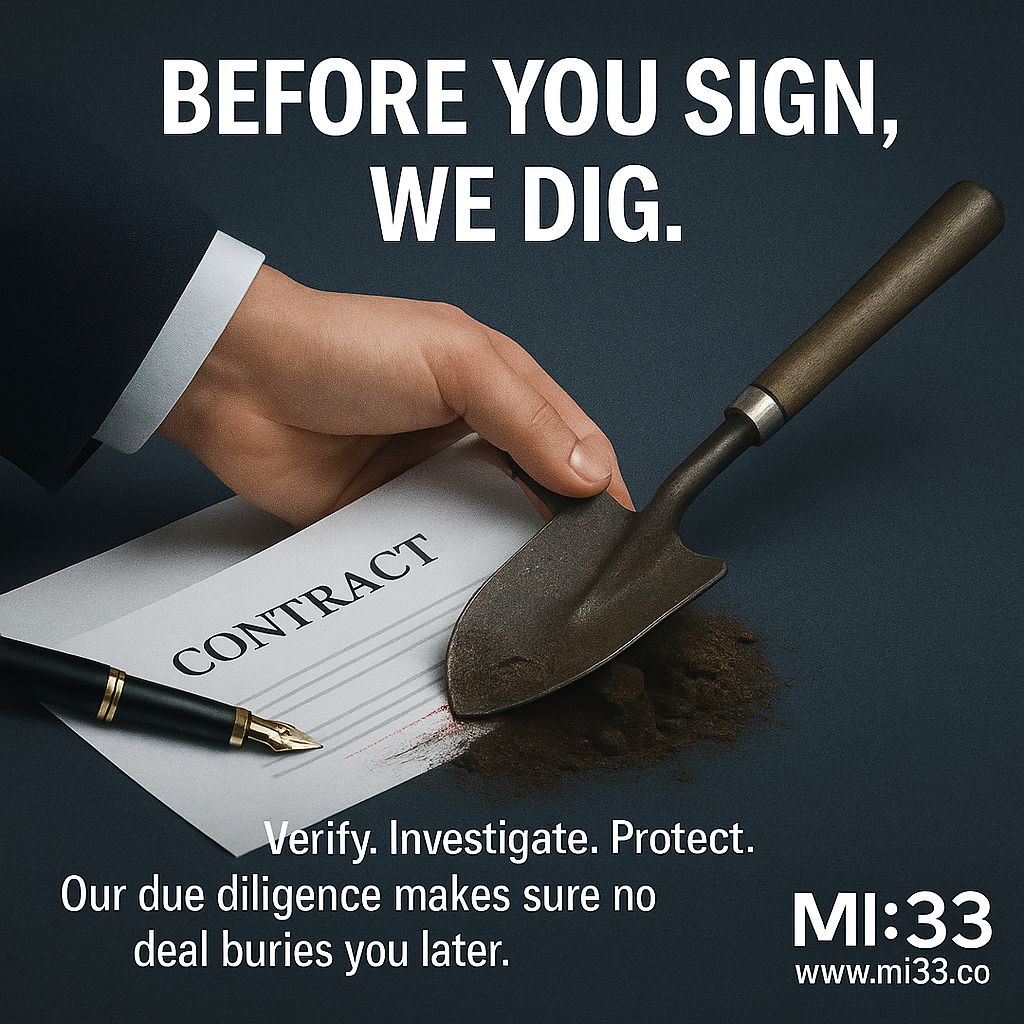 Before You Sign, We Dig. Verify. Investigate. Protect. Our due diligence makes sure no deal buries you later. — MI:33. mi33.co