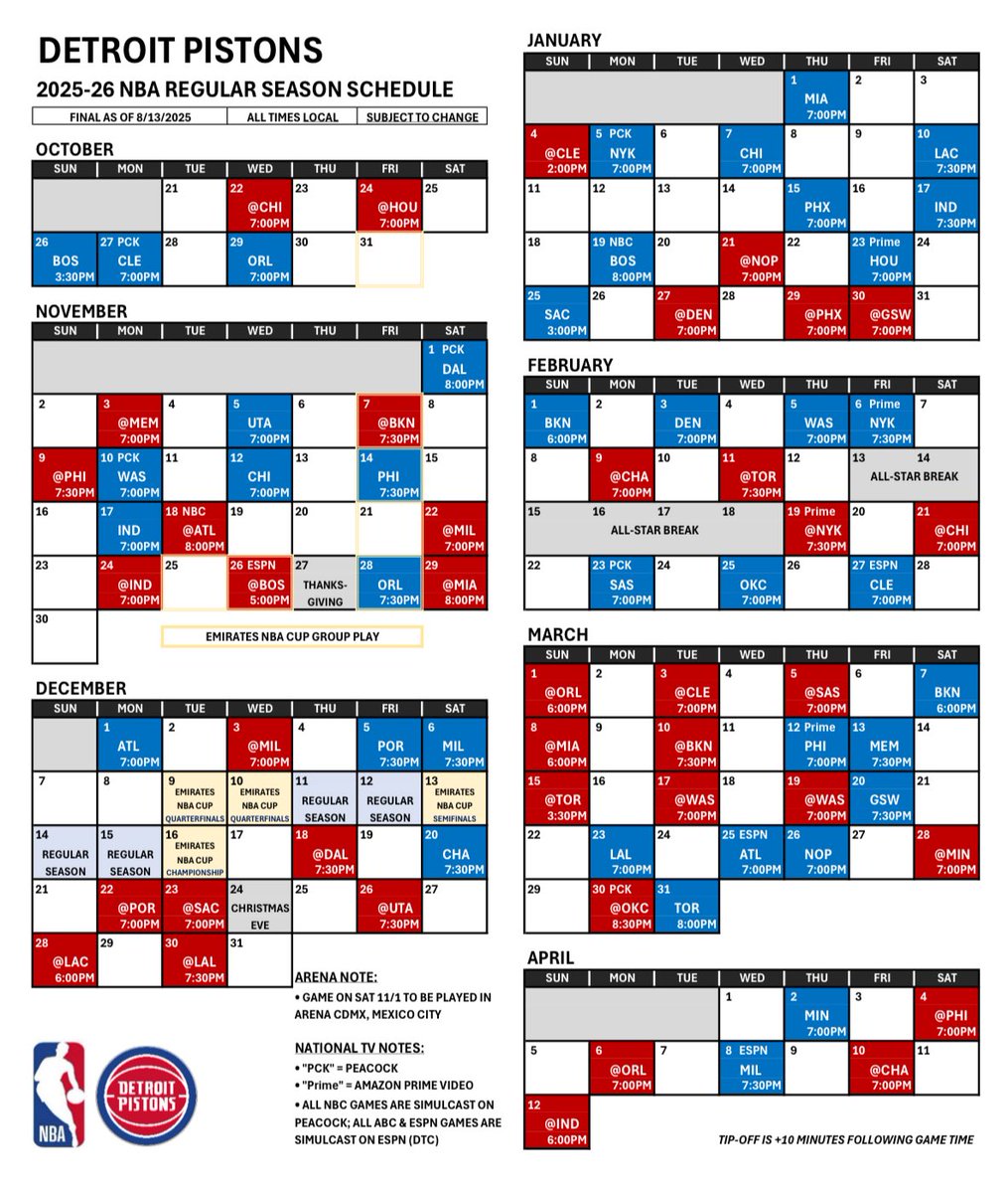 The Detroit Pistons 2025-26 regular season schedule has been revealed. A few key points: 

🔹 Opening night - Wednesday, October 22nd @ Chicago Bulls
🔹 Home opener - Sunday, October 26th VS Boston Celtics 
🔹 16 games will be broadcasted/streamed nationally amongst ESPN, NBC,
