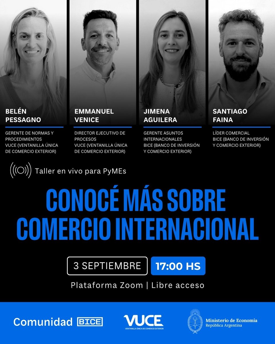 TALLER DE COMERCIO EXTERIOR PARA PYMES 

#ComunidadBICE | El 3 de septiembre a las 17 hs te invitamos a una capacitación en vivo sobre las facilidades que ofrece <a href="/VUCE_ar/">Ventanilla Única de Comercio Exterior</a> y los créditos de BICE para potenciar tus negocios internacionales.

Inscribite: bit.ly/4fIgPew