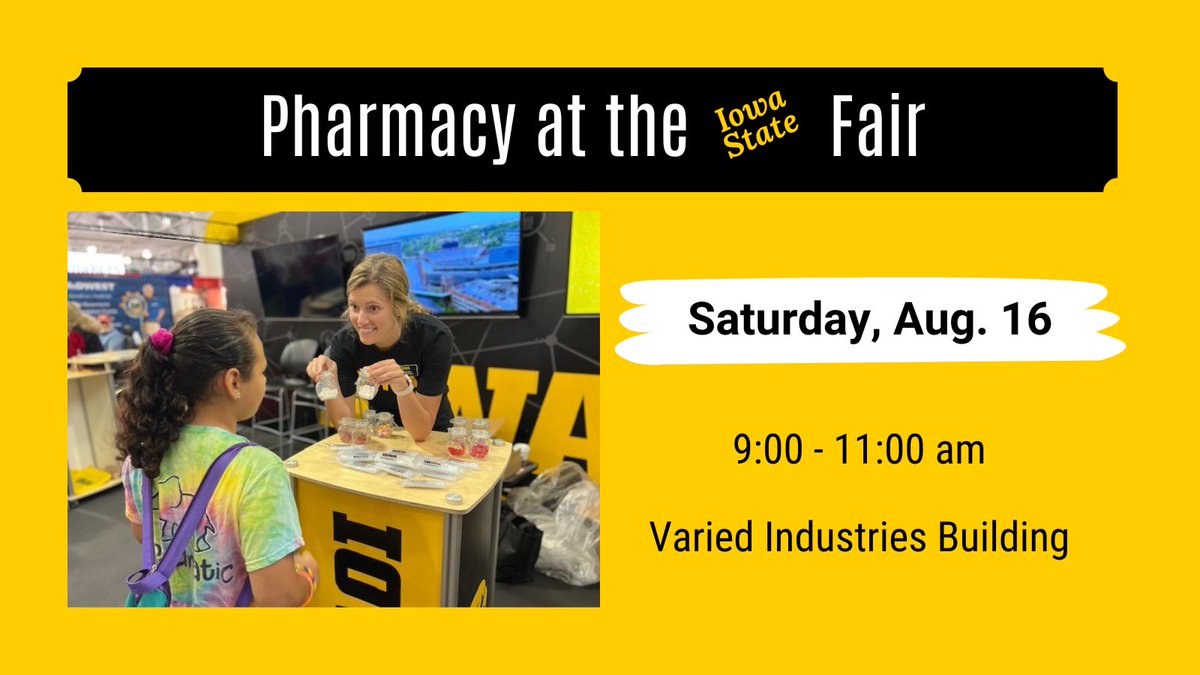 Do your kids know pills from candy? Join our APhA-ASP student organization at the UI Booth this Saturday for medication safety demonstrations! 

<a href="/IowaStateFair/">Iowa State Fair</a> <a href="/APhAASP/">APhA-ASP</a> #medicationsafety