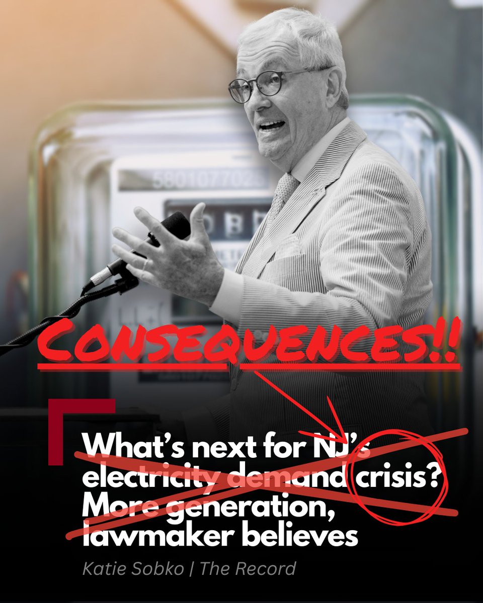 NJ's energy shortage continues to be mislabeled as a “crisis.” But it’s really a crisis of CONSEQUENCE. ⚡

Energy supply shortages and rising electric bills are the consequence of horrible Democrat policies—and NJ Democrats want to double down and force this insanity into law.