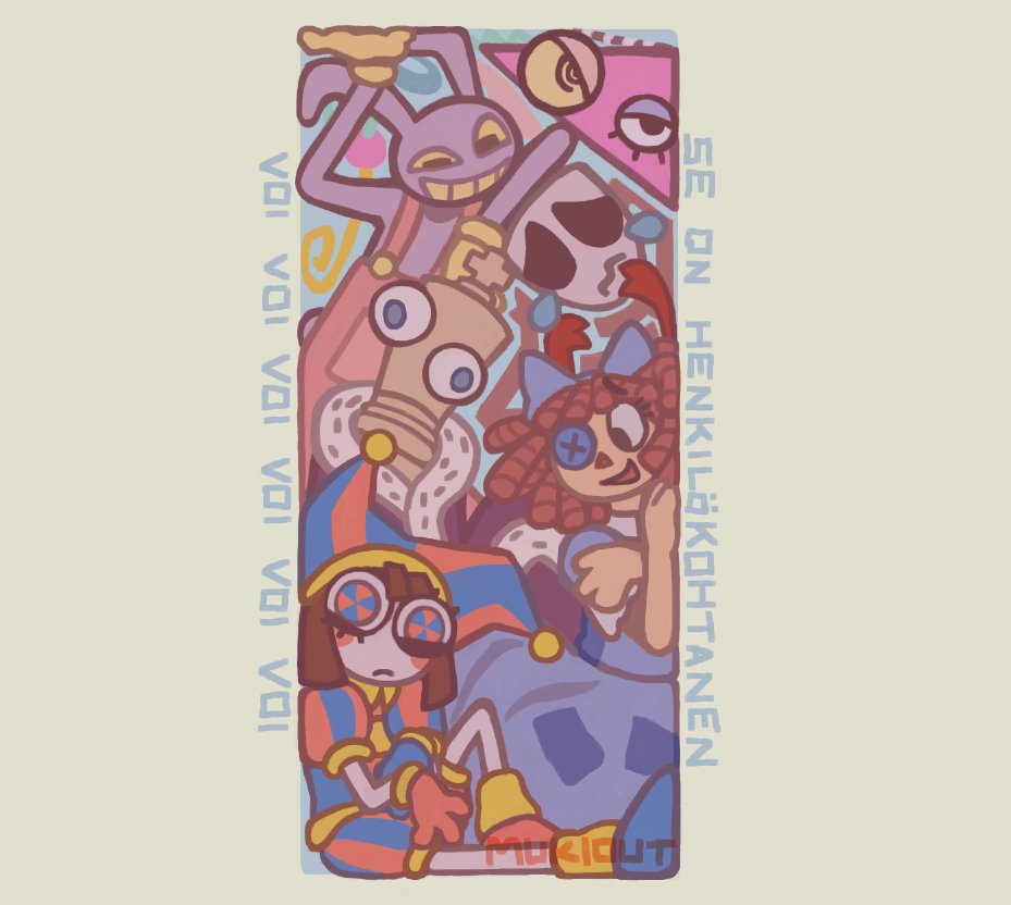 Mukiout's tweet photo. well, since the new episode is coming out, here's a phone background i made for myself a bit ago. ignore the text, it's for visual noise.
#TADC #TheAmazingDigitalCircus https://t.co/sDmBd4Oixb