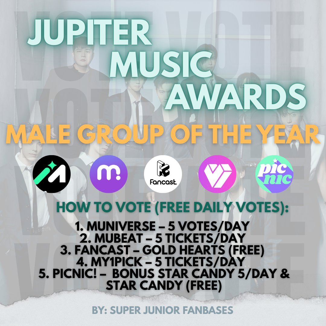 🗳️ IMPORTANT VOTING | JUPITER MUSIC AWARDS

JMA are part of the 30th Asian Television Awards, so they are included in a year-end awards event. If we want to win, we should rank #1 on the 5 different platforms👇🏻 

It'd be really helpful if more people know about this and vote💙