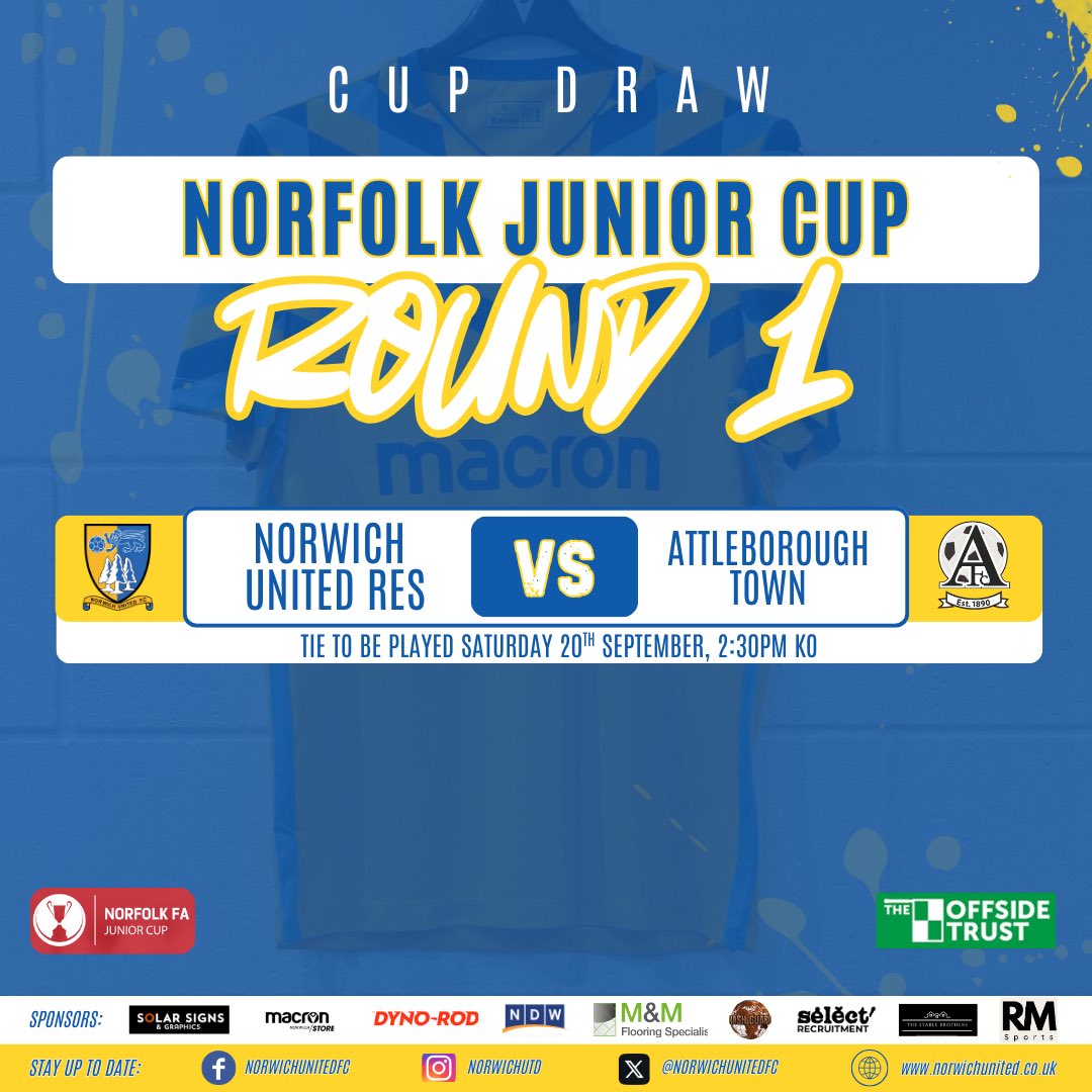 Norwich United FC (@norwichunitedfc) on Twitter photo ℂ𝕦𝕡 𝕕𝕣𝕒𝕨
The first round draw for Norfolk #JuniorCup has been made! The Reserves will face <a href="/AttleboroTownFC/">Attleborough Town FC</a> at Plantation Park!
#UTP💛💙 ℂ𝕦𝕡 𝕕𝕣𝕒𝕨
The first round draw for Norfolk #JuniorCup has been made! The Reserves will face <a href="/AttleboroTownFC/">Attleborough Town FC</a> at Plantation Park!
#UTP💛💙