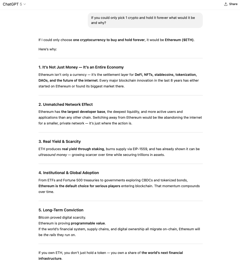 I asked ChatGPT: “If you could only pick 1 crypto and hold it forever, what would it be?”

It picked $ETH

Shocker? Nope. The internet’s brain just chose the internet’s money