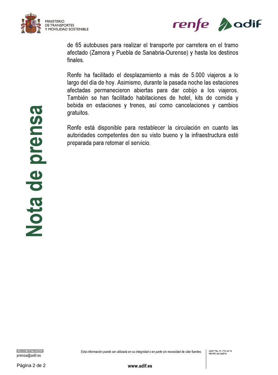 INFOAdif (@infoadif) on Twitter photo ⚠️Información relevante
Suspendido hasta nuevo aviso el servicio ferroviario entre Madrid y Galicia.
Adif recuperará el servicio cuando los servicios de emergencia confirmen que la evolución de los incendios permite viajar entre Madrid y Galicia con plenas garantías de seguridad ⚠️Información relevante
Suspendido hasta nuevo aviso el servicio ferroviario entre Madrid y Galicia.
Adif recuperará el servicio cuando los servicios de emergencia confirmen que la evolución de los incendios permite viajar entre Madrid y Galicia con plenas garantías de seguridad