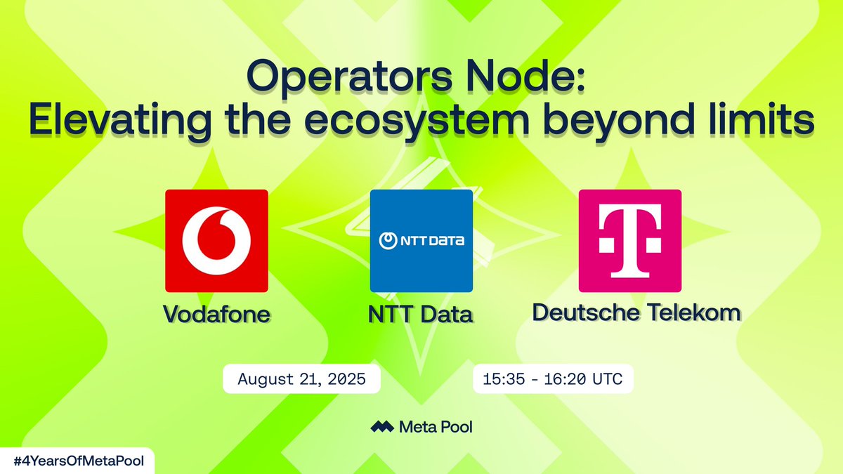 Meta Pool (@meta_pool) on Twitter photo The Node Segment for the #4YearsOfMetaPool livestream will feature <a href="/vodafone/">vodafone</a>, <a href="/NTTDATA/">NTT DATA (Official)</a>, and <a href="/mms_Blockchain/">Telekom Web3 Infrastructure & Solutions</a> on stage.
They are part of the Enterprise Node Operators Program and contribute to the <a href="/NEARProtocol/">NEAR Protocol</a> ecosystem.
📅 Register here: lu.ma/zr3h708c The Node Segment for the #4YearsOfMetaPool livestream will feature <a href="/vodafone/">vodafone</a>, <a href="/NTTDATA/">NTT DATA (Official)</a>, and <a href="/mms_Blockchain/">Telekom Web3 Infrastructure & Solutions</a> on stage.
They are part of the Enterprise Node Operators Program and contribute to the <a href="/NEARProtocol/">NEAR Protocol</a> ecosystem.
📅 Register here: lu.ma/zr3h708c