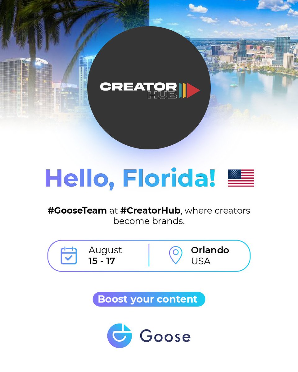 Hello, Florida! 🌞
The #GooseTeam is already at #CreatorHub, an event that empowers creators to become true personal brands.
📍 Orlando, Florida
📅 August 15–17
🎯 Discover how Goose can take your content to the next level.