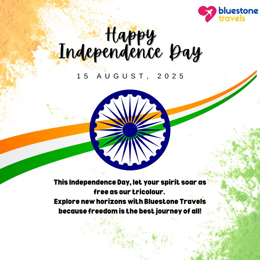 Bluestone_AMD's tweet image. This Independence Day, let your spirit soar as free as our tricolour. 🇮🇳✈️
Explore new horizons with Bluestone Travels — because freedom is the best journey of all! 
#IndependenceDay #TravelWithFreedom #BluestoneTravels #15August #ExploreIndia #WanderFree