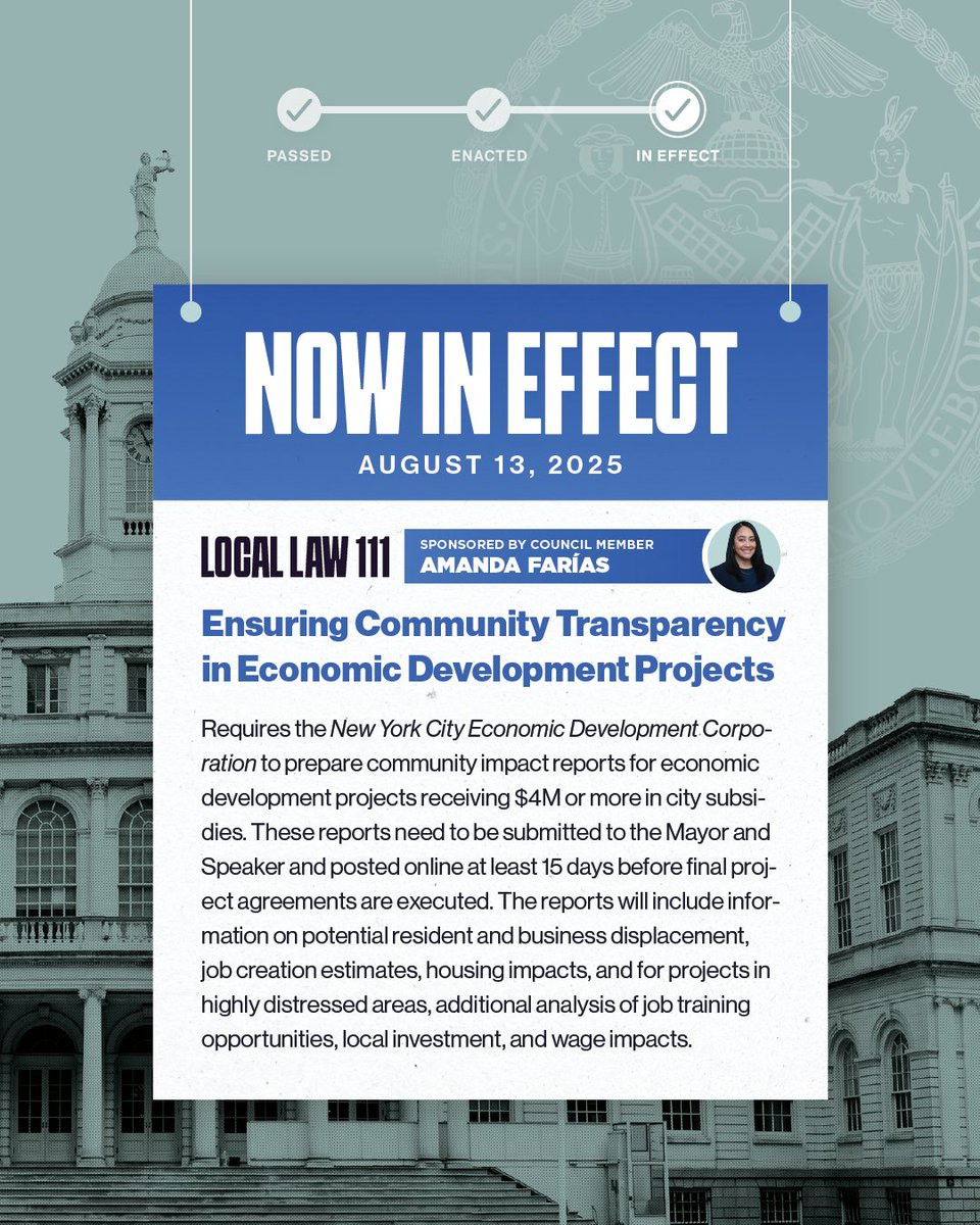 New York City Council (@nyccouncil) on Twitter photo NOW IN EFFECT
✅ Local Law 111, sponsored by <a href="/CMAmandaFarias/">Council Member Amanda Farías</a>
First introduced in <a href="/NYCSpeakerAdams/">Adrienne Adams</a>’ 2023 State of the City, this law directs a study on letting NYCHA residents use vacant commercial space in developments for their own businesses in order to boost local NOW IN EFFECT
✅ Local Law 111, sponsored by <a href="/CMAmandaFarias/">Council Member Amanda Farías</a>
First introduced in <a href="/NYCSpeakerAdams/">Adrienne Adams</a>’ 2023 State of the City, this law directs a study on letting NYCHA residents use vacant commercial space in developments for their own businesses in order to boost local