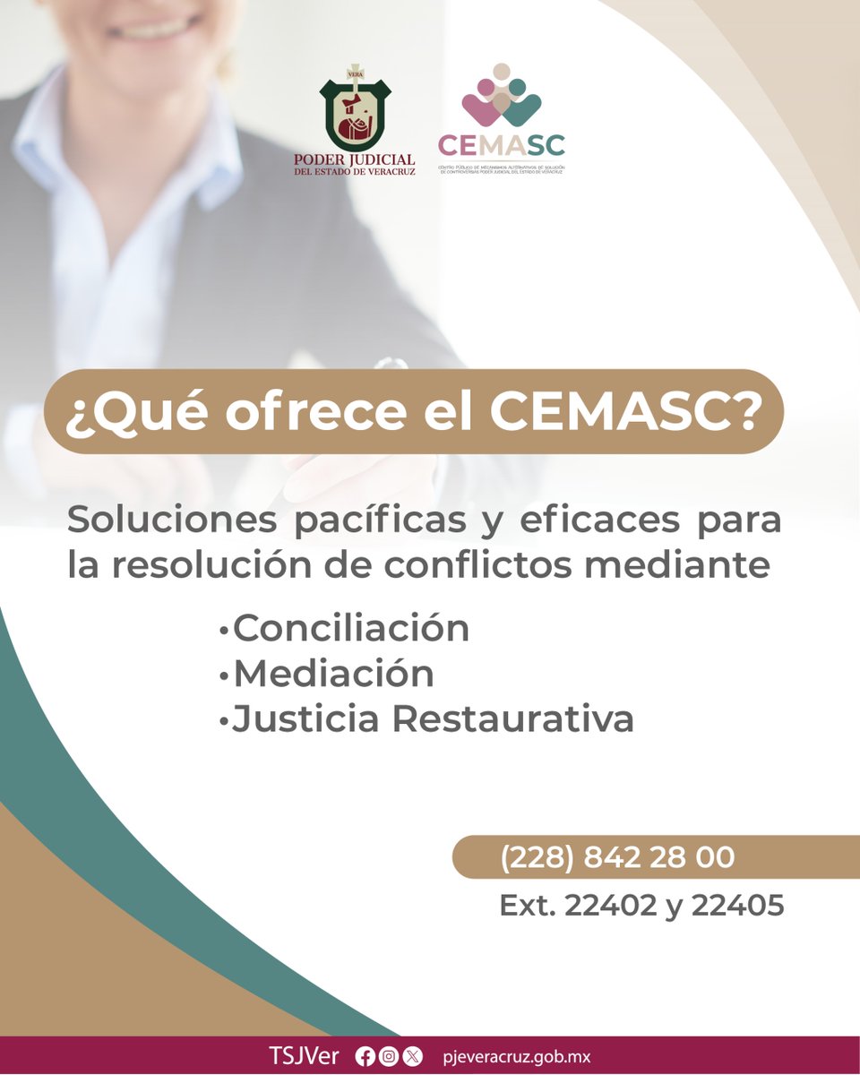 Conoce el Centro Público de Mecanismos Alternativos de Solución de Controversias del Poder Judicial del Estado de Veracruz.

Visita el micrositio:
🔗 pjeveracruz.gob.mx/cemasc/