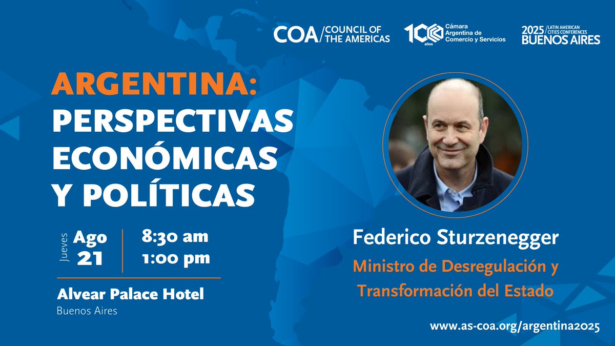 Americas Society/Council of the Americas (@ascoa) on Twitter photo Este 21 de agosto, escuche a altos funcionarios como <a href="/GAFrancosOk/">Guillermo Francos</a> y <a href="/fedesturze/">Fede Sturzenegger</a> en nuestra 2025 Latin American Cities Conferences en Buenos Aires. #CouncilARG 🇦🇷
Regístrese para asistir en persona o acompáñenos virtualmente: as-coa.org/argentina2025 Este 21 de agosto, escuche a altos funcionarios como <a href="/GAFrancosOk/">Guillermo Francos</a> y <a href="/fedesturze/">Fede Sturzenegger</a> en nuestra 2025 Latin American Cities Conferences en Buenos Aires. #CouncilARG 🇦🇷
Regístrese para asistir en persona o acompáñenos virtualmente: as-coa.org/argentina2025
