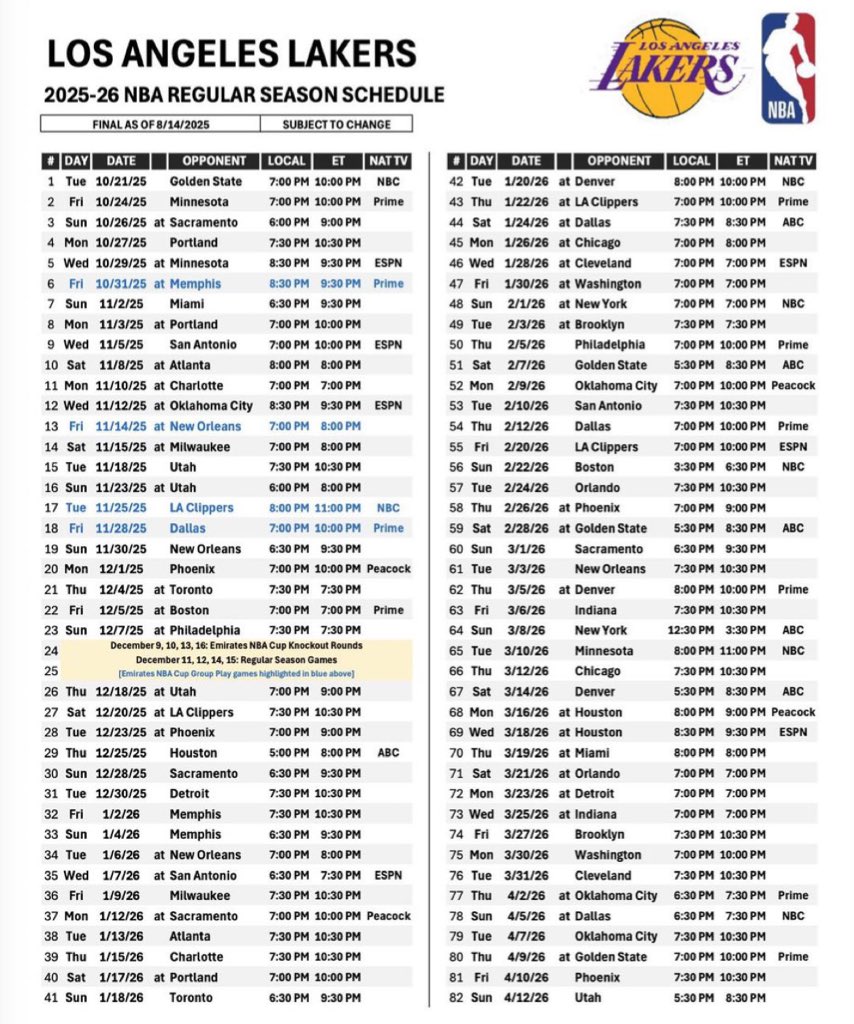 🚨 LAKERS 2025-26 SCHEDULE 🚨