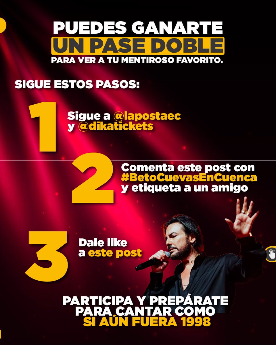LaPosta_Ecu's tweet photo. ¡Pilas, mentirosit@s! 😏 Llegó tu momento de ver a Beto Cuevas en concierto 🎤. Para toda la people cuencana: prepárense para un show único y para revivir lo mejor de 1998. Participa en el giveaway y llévate a tu mentiroso/a fav. #dikaproduccionesec #flowmar https://t.co/6GETJgsH8S