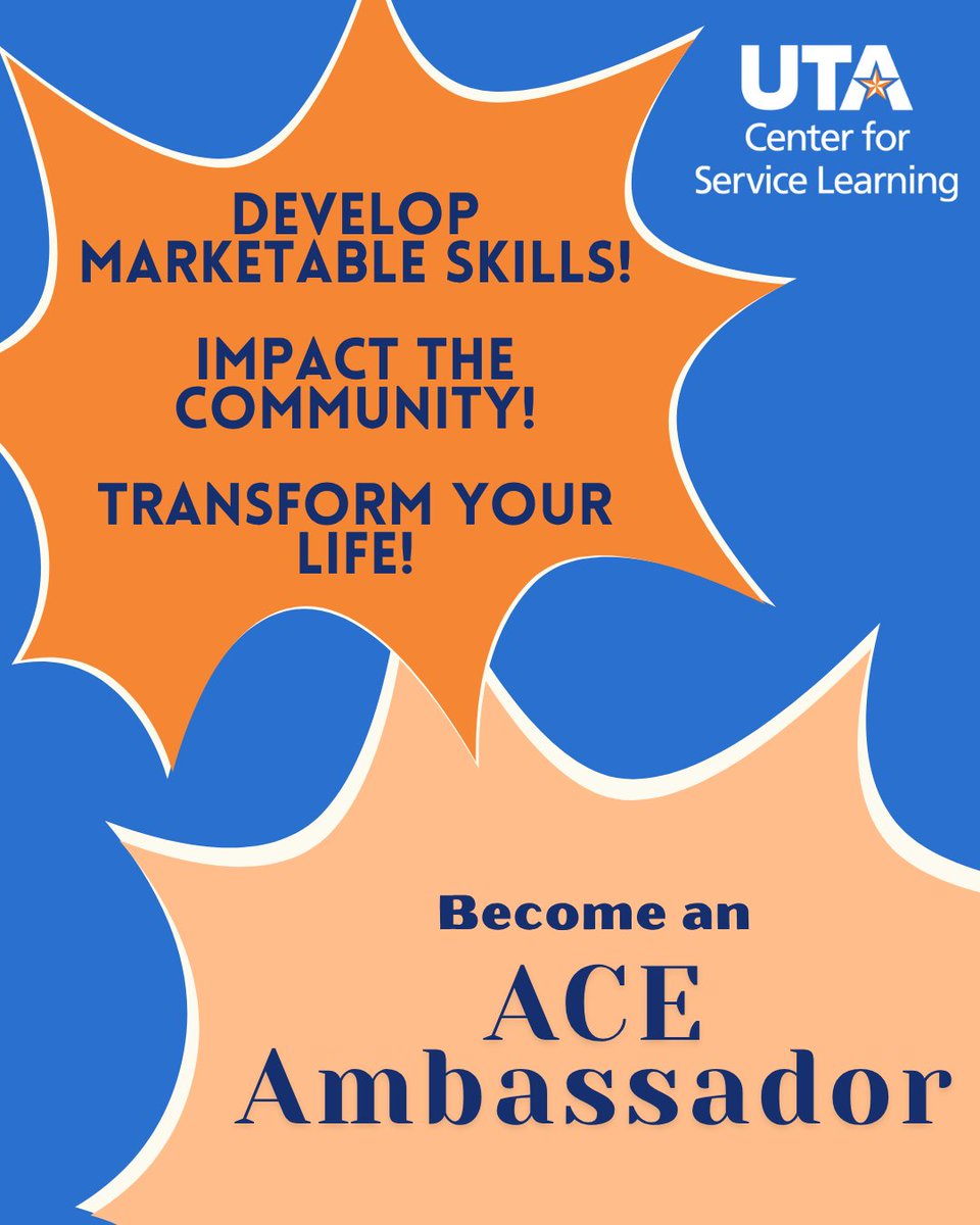 uta_csl's tweet photo. UTA Students, become an Academic Community Engagement Ambassador today! Apply now to connect, serve, and transform UTA communities! 🧡✨
Submit your application: https://t.co/m1iP87xWHS
 #ACEAmbassadors #CommunityImpact #UTAServiceLearning” https://t.co/JuqKpXcQHW