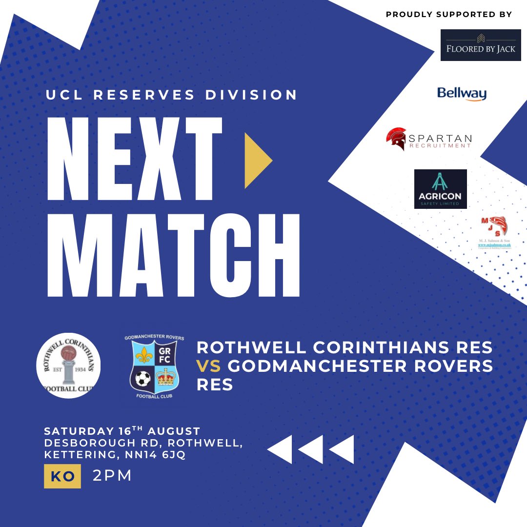 Godmanchester Rovers Reserves FC (@goddyreservesfc) on Twitter photo Our season kickstarts this Saturday, travelling to <a href="/RothwellCFC/">Rothwell Corinthians</a> reserves.
Come and show your support for the res’ first game of the season!⚽️🔵⚪️
📍Sergents Lawn, Desborough Road
🕣2pm KO Our season kickstarts this Saturday, travelling to <a href="/RothwellCFC/">Rothwell Corinthians</a> reserves.
Come and show your support for the res’ first game of the season!⚽️🔵⚪️
📍Sergents Lawn, Desborough Road
🕣2pm KO