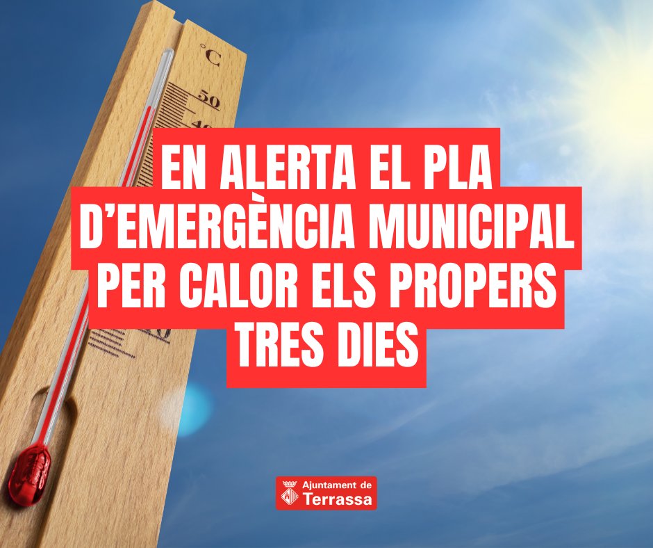 ⚠️☀️L'alcalde posa en alerta el Pla d'Emergència Municipal per risc de calor intensa. 
👉L'episodi de calor es preveu per divendres, dissabte i diumenge. Molta precaució 🙏🏻