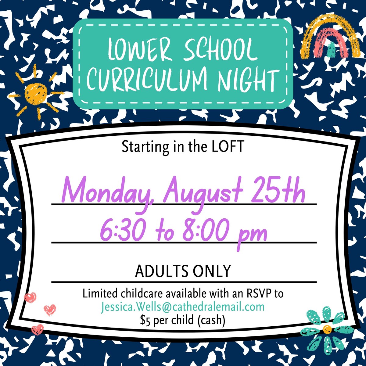 Cathedral Academy (@cagenerals) on Twitter photo SAVE THE DATE!!
Our Lower School Curriculum Night is coming up on Monday, August 25th! This is an adult-only event. We have limited childcare spaces for CA children. Please email Mrs. Wells to secure your child's place at jessica.wells@cathedralemail.com
#CAGenerals SAVE THE DATE!!
Our Lower School Curriculum Night is coming up on Monday, August 25th! This is an adult-only event. We have limited childcare spaces for CA children. Please email Mrs. Wells to secure your child's place at jessica.wells@cathedralemail.com
#CAGenerals