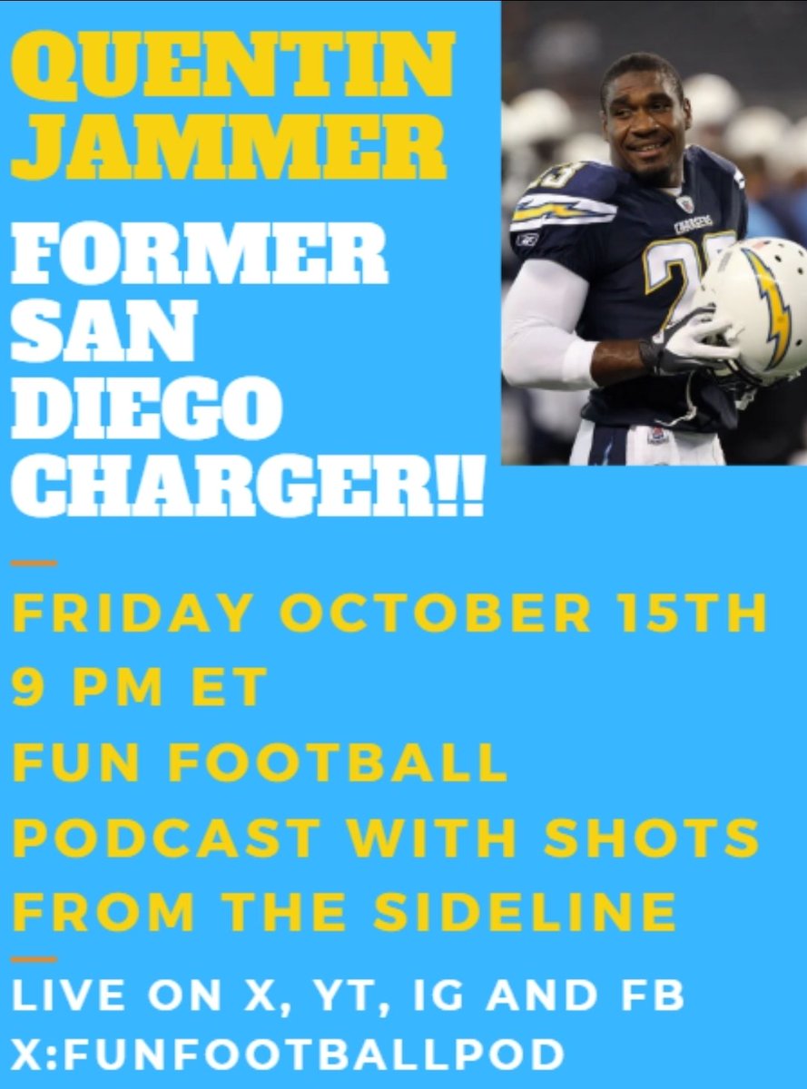 Fun Football Podcast (@funfootballpod) on Twitter photo This is going to be epic!!! 9 PM ET tomorrow evening.
<a href="/JAM_I_AM_23/">Quentin Jammer</a>. <a href="/SFTSidelines/">Shots from the Sideline</a>. Myself. A 🔥 show live here on X interviewing Quentin Jammer. Also live on Youtube, Facebook and Instagram!!
Presented by <a href="/FunPulseNetwork/">Fun Pulse Network</a>, <a href="/UndefeatedLive/">Undefeated.live</a>, <a href="/PositionPicksFF/">Position Picks CFF</a> and <a href="/Sportcoin1/">Sportcoin Network</a>! This is going to be epic!!! 9 PM ET tomorrow evening.
<a href="/JAM_I_AM_23/">Quentin Jammer</a>. <a href="/SFTSidelines/">Shots from the Sideline</a>. Myself. A 🔥 show live here on X interviewing Quentin Jammer. Also live on Youtube, Facebook and Instagram!!
Presented by <a href="/FunPulseNetwork/">Fun Pulse Network</a>, <a href="/UndefeatedLive/">Undefeated.live</a>, <a href="/PositionPicksFF/">Position Picks CFF</a> and <a href="/Sportcoin1/">Sportcoin Network</a>!
