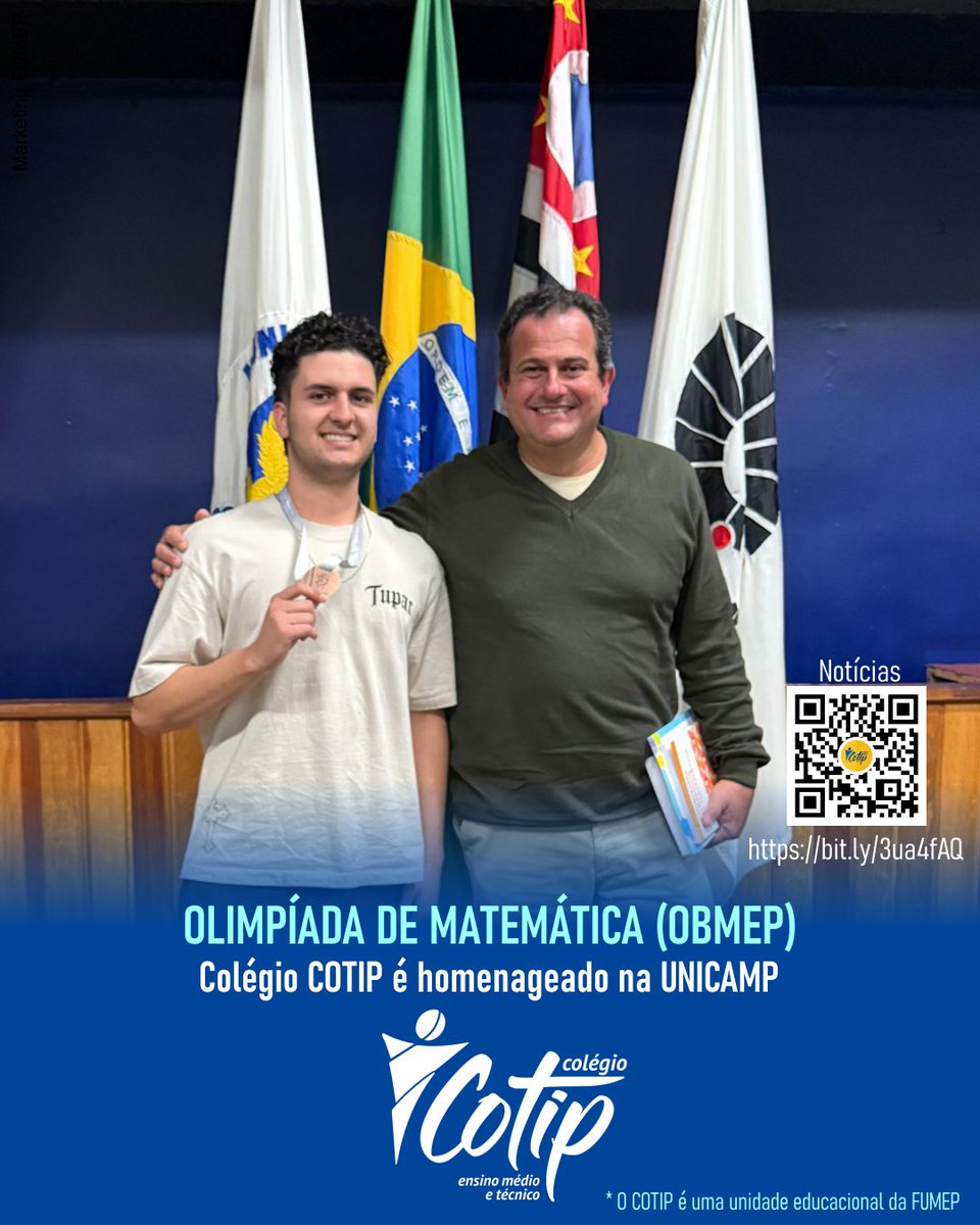 cotip_fumep's tweet photo. Olimpíada Brasileira de Matemática das Escolas Públicas e Privadas (OBMEP), com Adrick conquistando medalha de bronze na categoria nacional.
Acesse: https://t.co/bhtd1SNOB7
#cotip #fumep #ensinomédio #olimpíadasdematemática #obmep https://t.co/b7dFci54Jt