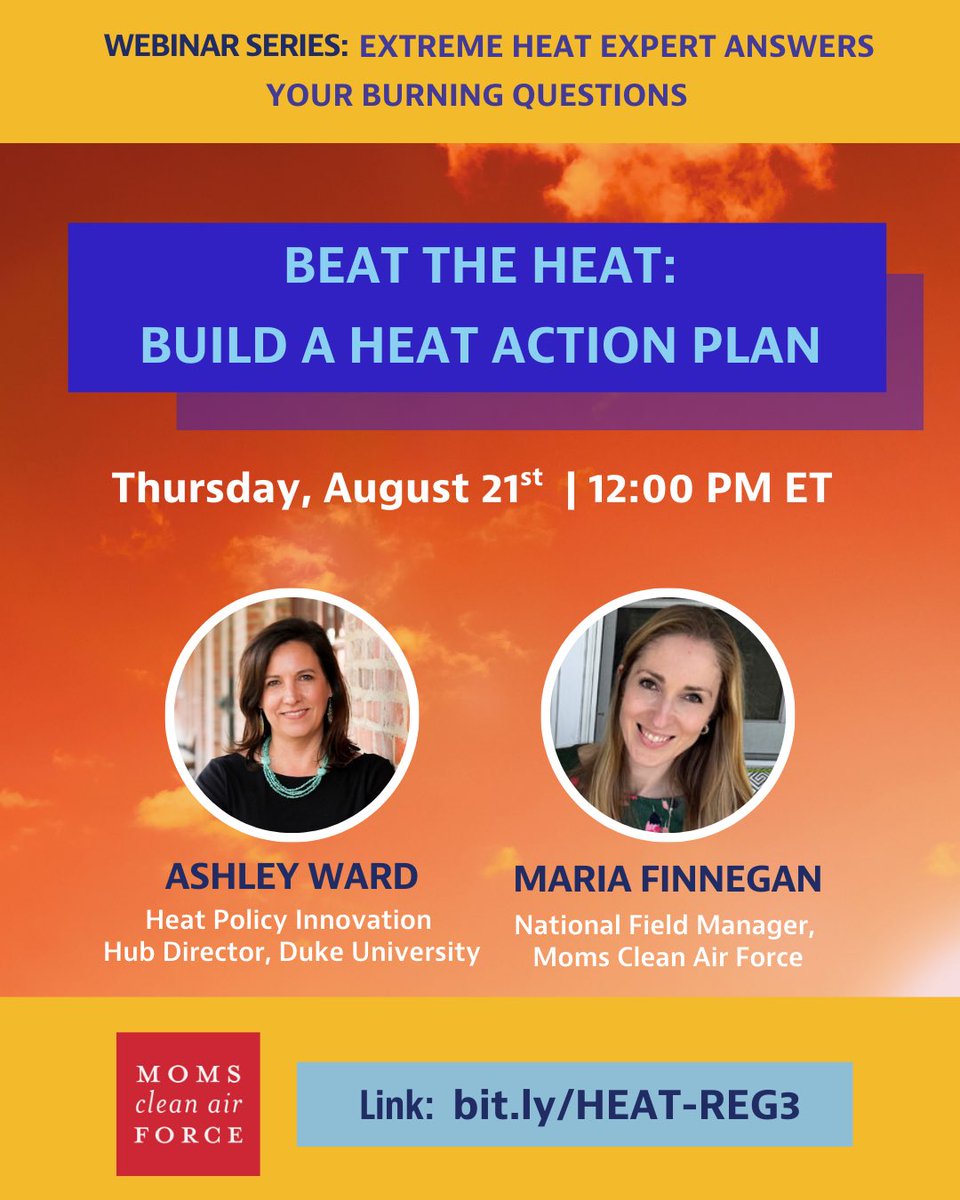 EcoMadres (@ecomadres_) on Twitter photo Want to help your school, community, or workplace get ready for extreme heat? ☀️‼️
Join our FINAL webinar with Duke University <a href="/NichInstitute/">Nicholas Institute</a> heat expert Ashley Ward on 8/21!
✅ Build a tailored heat action plan
✅ Spot who’s most at risk
✅ Respond before & during heatwaves Want to help your school, community, or workplace get ready for extreme heat? ☀️‼️
Join our FINAL webinar with Duke University <a href="/NichInstitute/">Nicholas Institute</a> heat expert Ashley Ward on 8/21!
✅ Build a tailored heat action plan
✅ Spot who’s most at risk
✅ Respond before & during heatwaves