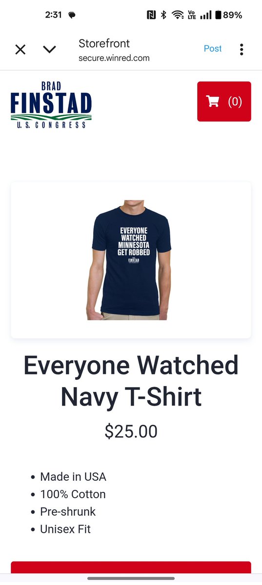 abesauer's tweet image. @dieworkwear BBB voter and tariffs supporter #MN1 GOP Rep @BradFinstad is selling a $25 fundraising T-shirt listed as "made in the USA".  Is this possible?