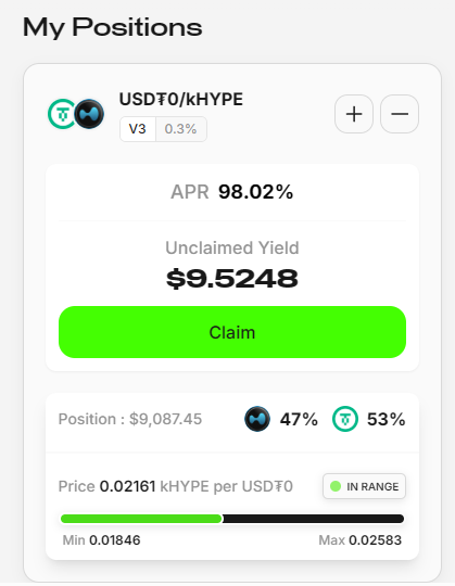 98.02% APRと未請求の利回りが表示されたUSDT/kHYPE流動性ポジションのスクリーンショット