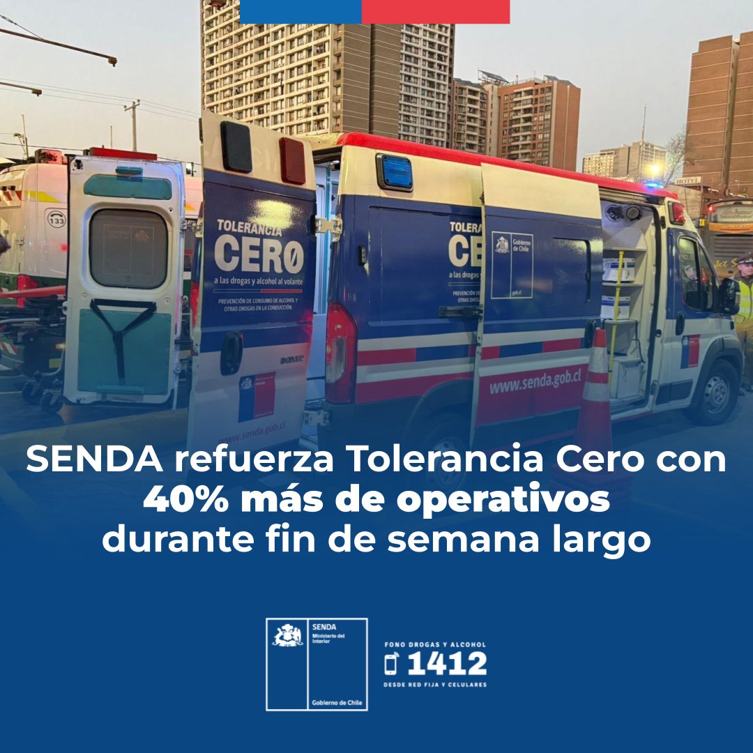 ✅ ¡Fortaleceremos en 40% despliegue del programa Tolerancia Cero este fin de semana largo! En apoyo a la labor de Carabineros, implementaremos más de 30 operativos en el país para la aplicación de alcotest y narcotest.

👉 Más detalles:
senda.gob.cl/noticia/senda-…