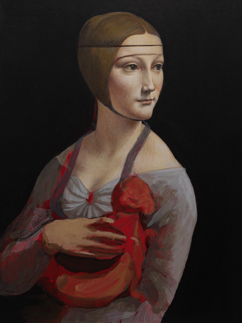 依頼品の現代の服を着た白貂を抱く貴婦人の続きです。サムホールサイズでアクリル。これは最終的には赤いショールを纏うことになりますが、それが透ける素材のため、下の体部分をまず描いています。

#art #白テンを抱く貴婦人　#模写　#レオナルドダビンチ　#絵画　#アート　#途中経過　#絵