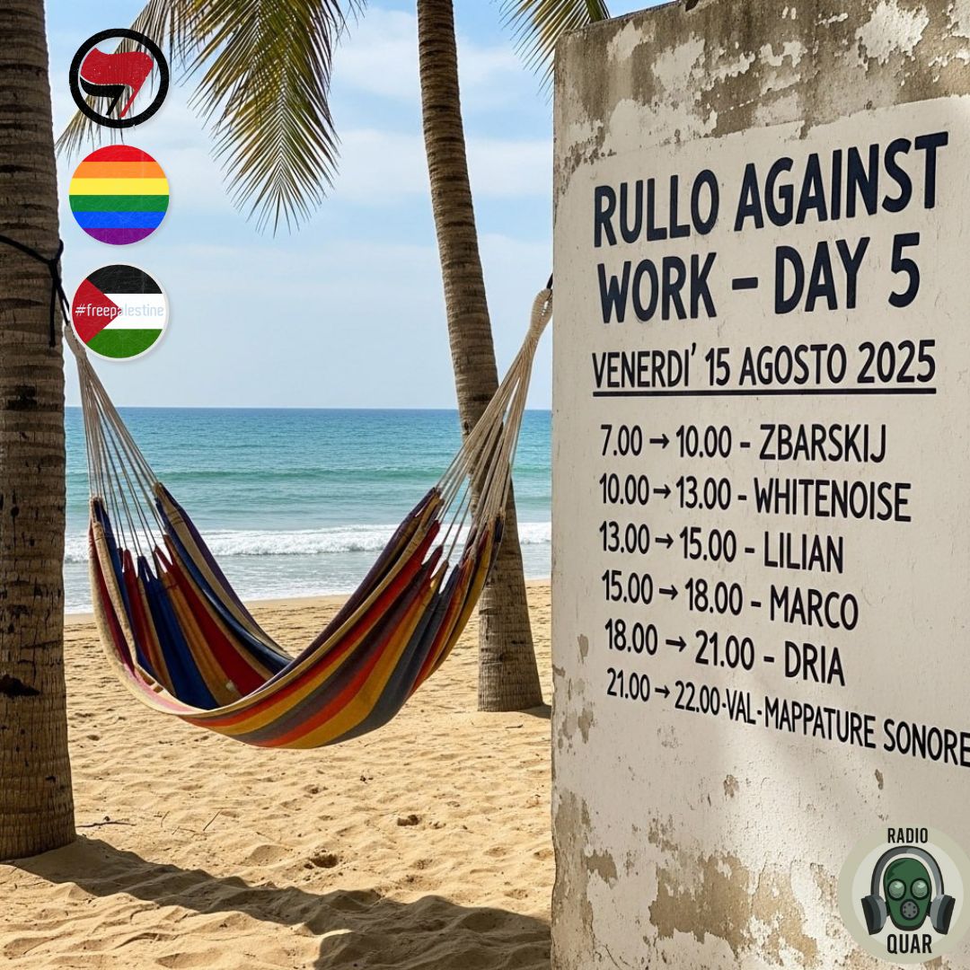 Programma venerdì 15 agosto
Domani diffidate da chi vi fa gli auguri di ferragosto ma non diffidate dei rulli musicali di <a href="/Foggiagrad/">Foggiagrad</a> <a href="/whitenoisedept_/">Captain For Dark Mornings 🦉 [★] (حبيبي)</a> <a href="/Babbanculo/">Brie Morbier</a> <a href="/AlMazza64VG/">Marco</a> <a href="/OneDria/">Hoodie Dria Ⓥ</a> e concludiamo con le Mappature Sonore dedicate alla Palestina di <a href="/Errata_0/">Montgomery Spliff</a> 
Buon ascolto a tutt