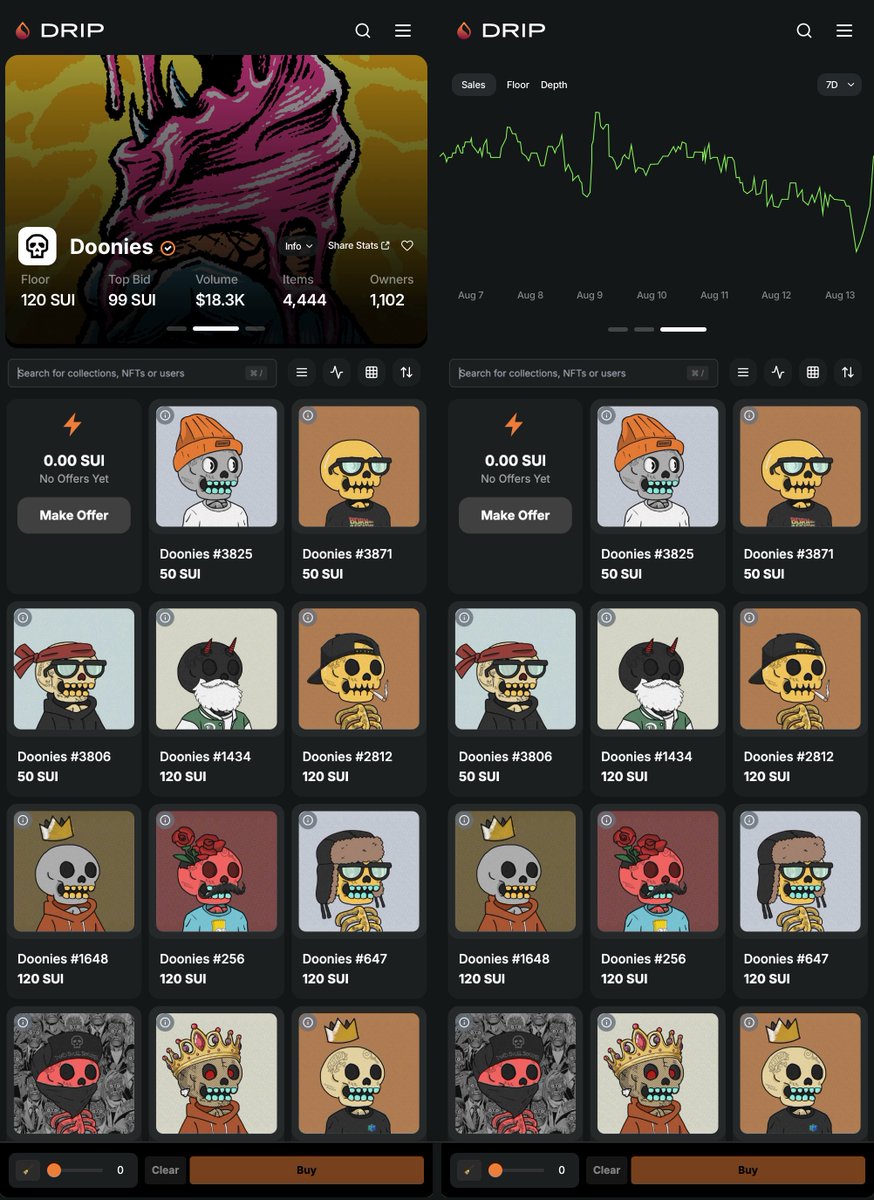 Drip Mobile. Collection UI.

Emphasis on data degens want, with style markets demand. 

Have you signed up yet? Referrals earn rewards.