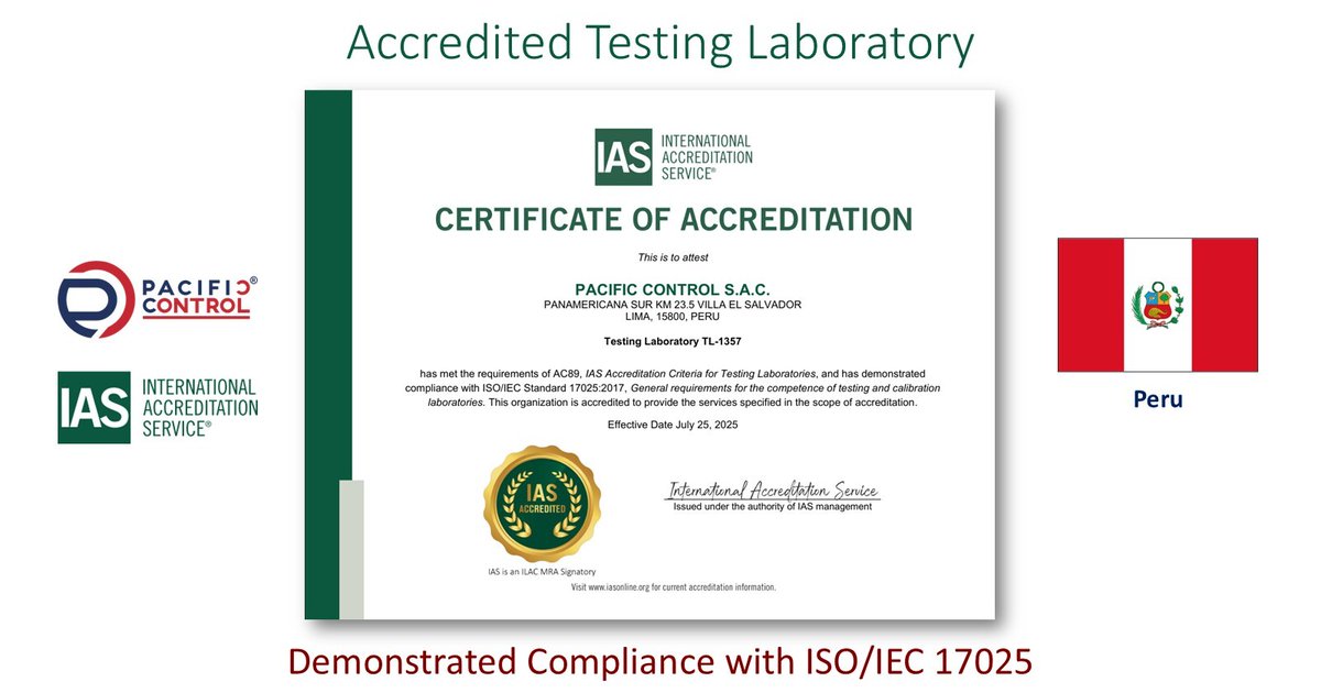 IntlAccredSvc's tweet image. Congratulations Pacific Control in Peru for becoming an IAS Accredited Testing Laboratory. Demonstrating compliance with ISO/IEC 17025. bit.ly/4mvk3UQ #IASAccredited #TestingLab #PacificControl #Peru