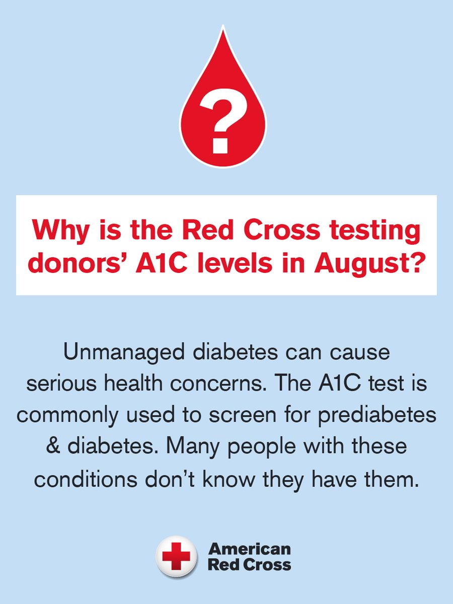 We care about your well-being: Get a free health screening when you give blood! We check blood pressure, hemoglobin &amp; pulse. Successful August donations will get A1C testing (diabetes/prediabetes screen; 1 test result per 12-month period). Book: rcblood.org/43ZR8Av