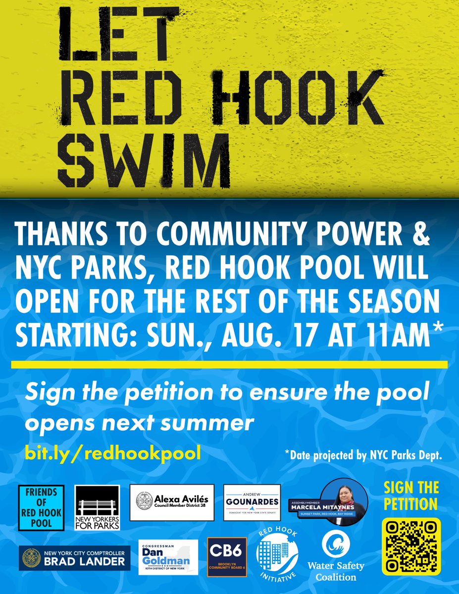 🌊Red Hook Pool is REOPENING this Sunday, 8/17!

Thanks to <a href="/NYCParks/">NYC Parks</a> and local advocates/electeds for making this happen.

Join us TOMORROW, 8/15 at 1:30 PM for a rally and press conference at the pool (Henry St btwn Bay St &amp; Lorraine St) to celebrate this community win!