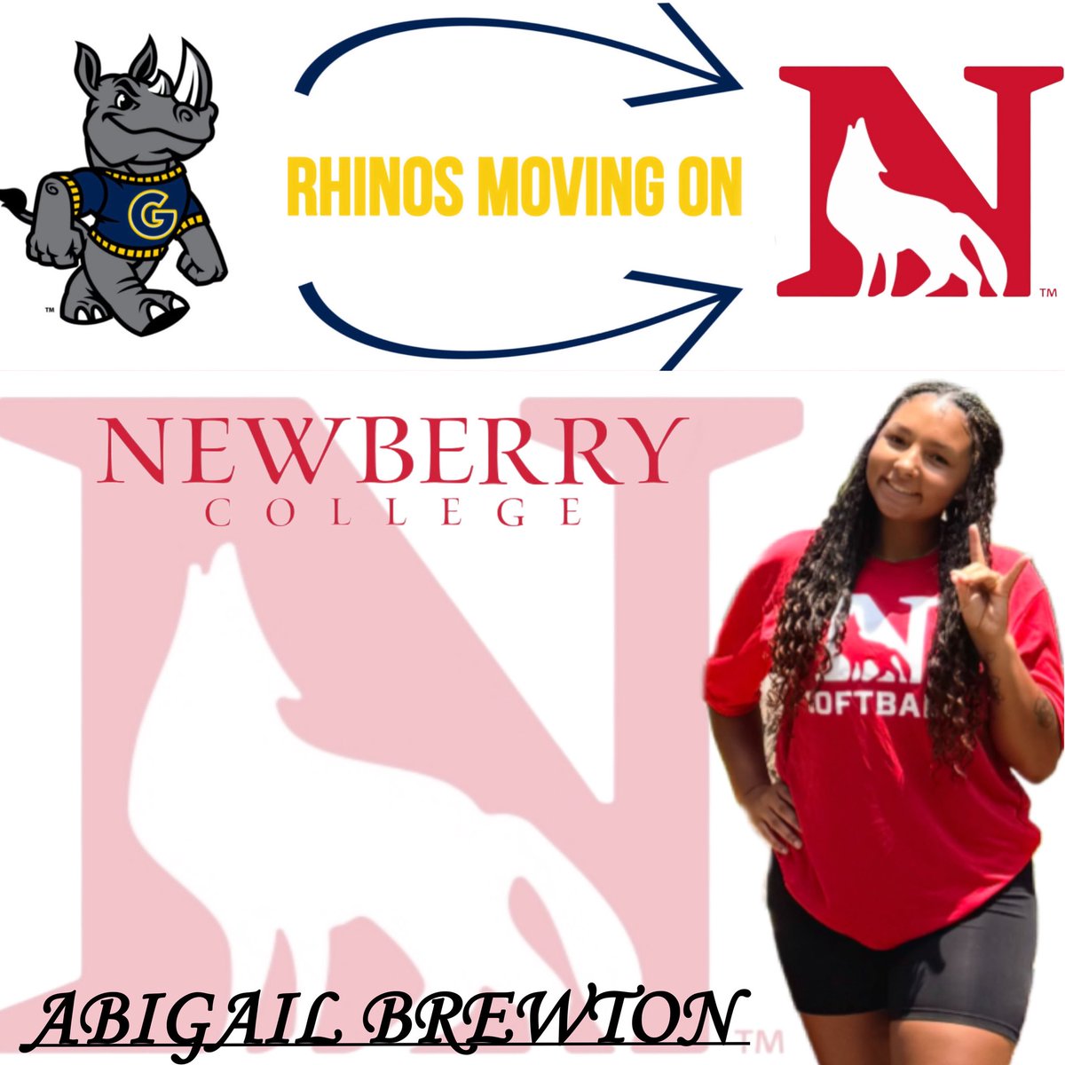 GCRhinosSB's tweet photo. ❗️𝚁𝙷𝙸𝙽𝙾𝚂 𝙼𝙾𝚅𝙸𝙽𝙶 𝙾𝙽❗️

Brew is on the move to Newberry College! We can’t wait to see her thrive on and off the field! 

#GoWolves https://t.co/o5VSNLimcl
